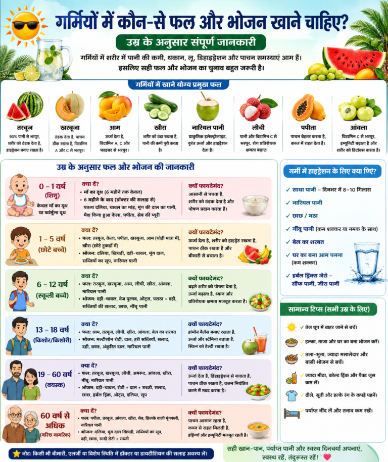गर्मियों में कौन-से फल और भोजन खाने चाहिए? (उम्र के अनुसार संपूर्ण जानकारी)